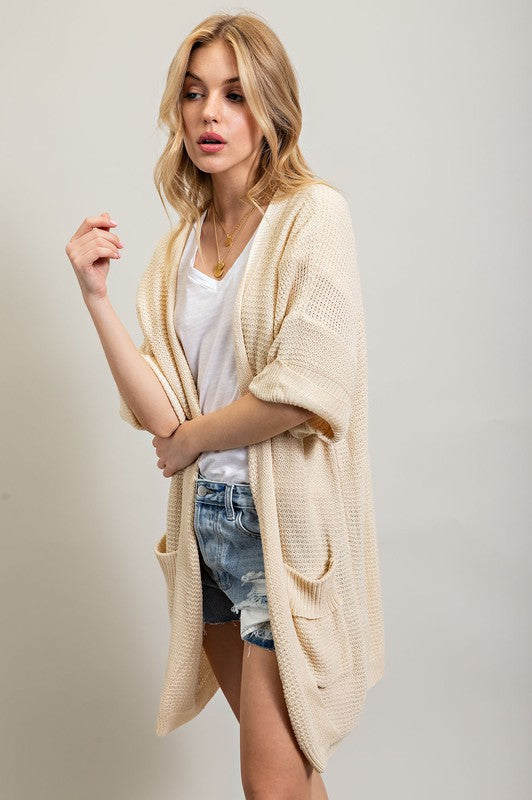 SHORT SLEEVE WAFFLE KNIT CARDIGAN