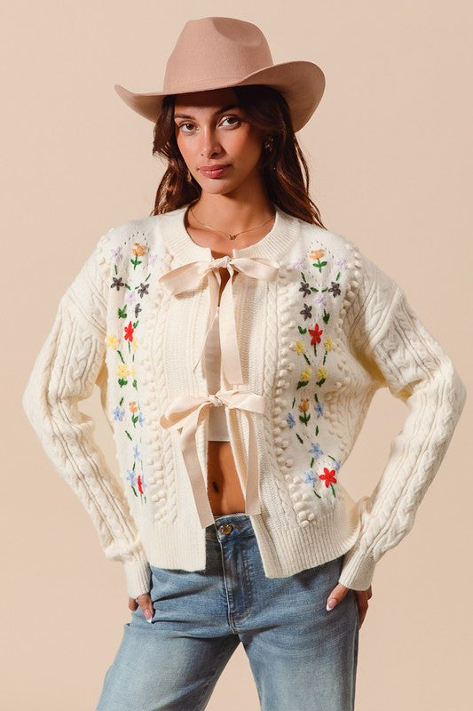 FLORAL EMBROIDERED CABLE KNIT SWEATER CARDIGAN