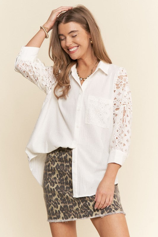 LACE SLEEVE BUTTON UP TOP