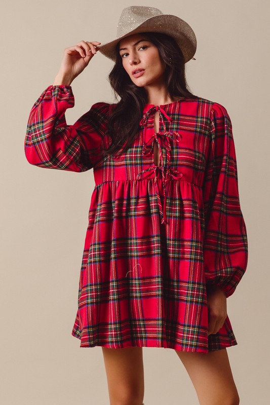 CHECKERED PLAID FRONT TIE ROUND NECK MINI DRESS