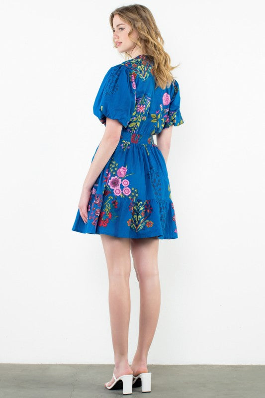 BY THML | THE EMBROIDERED PUFF SLEEVE SMOCKED DRESS