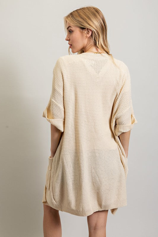 SHORT SLEEVE WAFFLE KNIT CARDIGAN