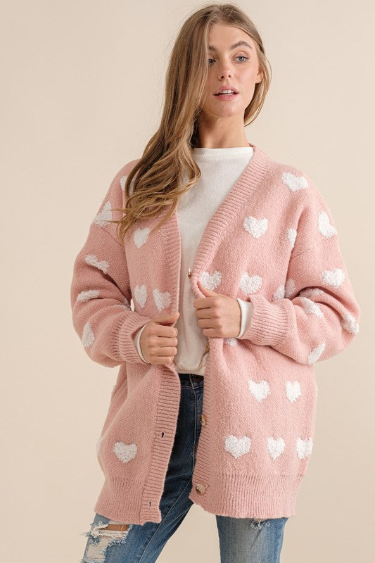 ALL OVER HEART PATTERN SWEATER CARDIGAN