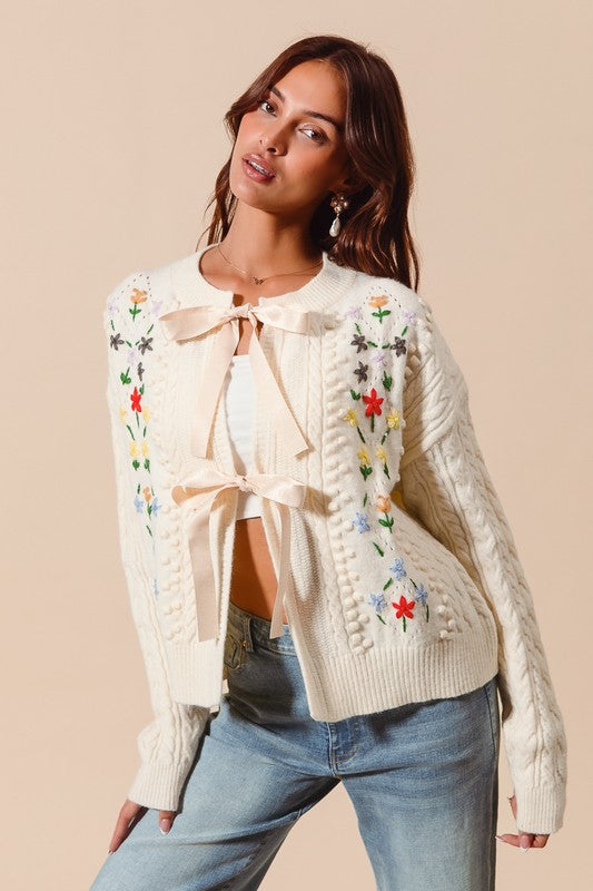 FLORAL EMBROIDERED CABLE KNIT SWEATER CARDIGAN