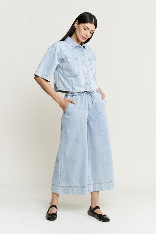 MICA DENIM | HIGH RISE WIDE LEG CROPPED PANTS