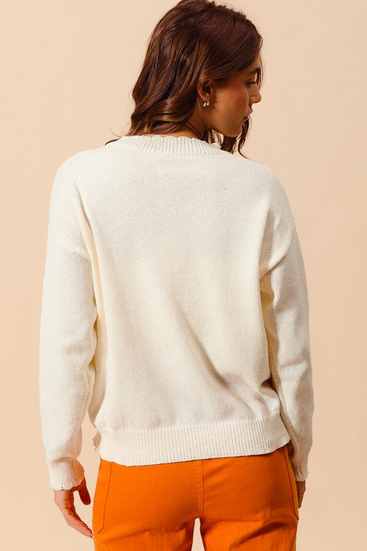 PUMPKIN EMBROIDERY SWEATER WITH SCALLOPED HEM