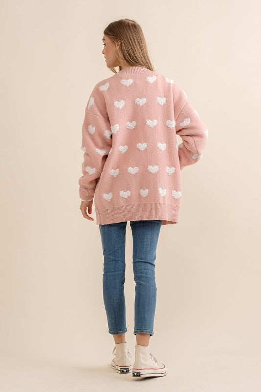 ALL OVER HEART PATTERN SWEATER CARDIGAN