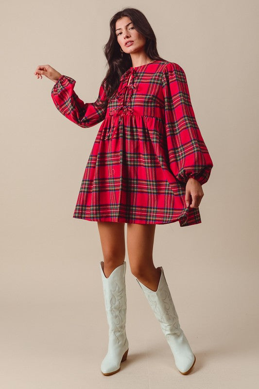 CHECKERED PLAID FRONT TIE ROUND NECK MINI DRESS