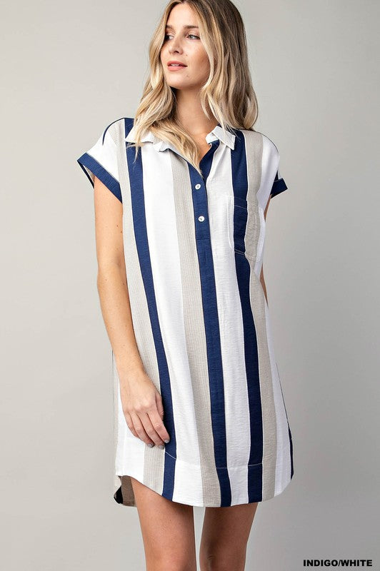 STRIP SHIRT COLLAR TUNIC DRESS - NAVY