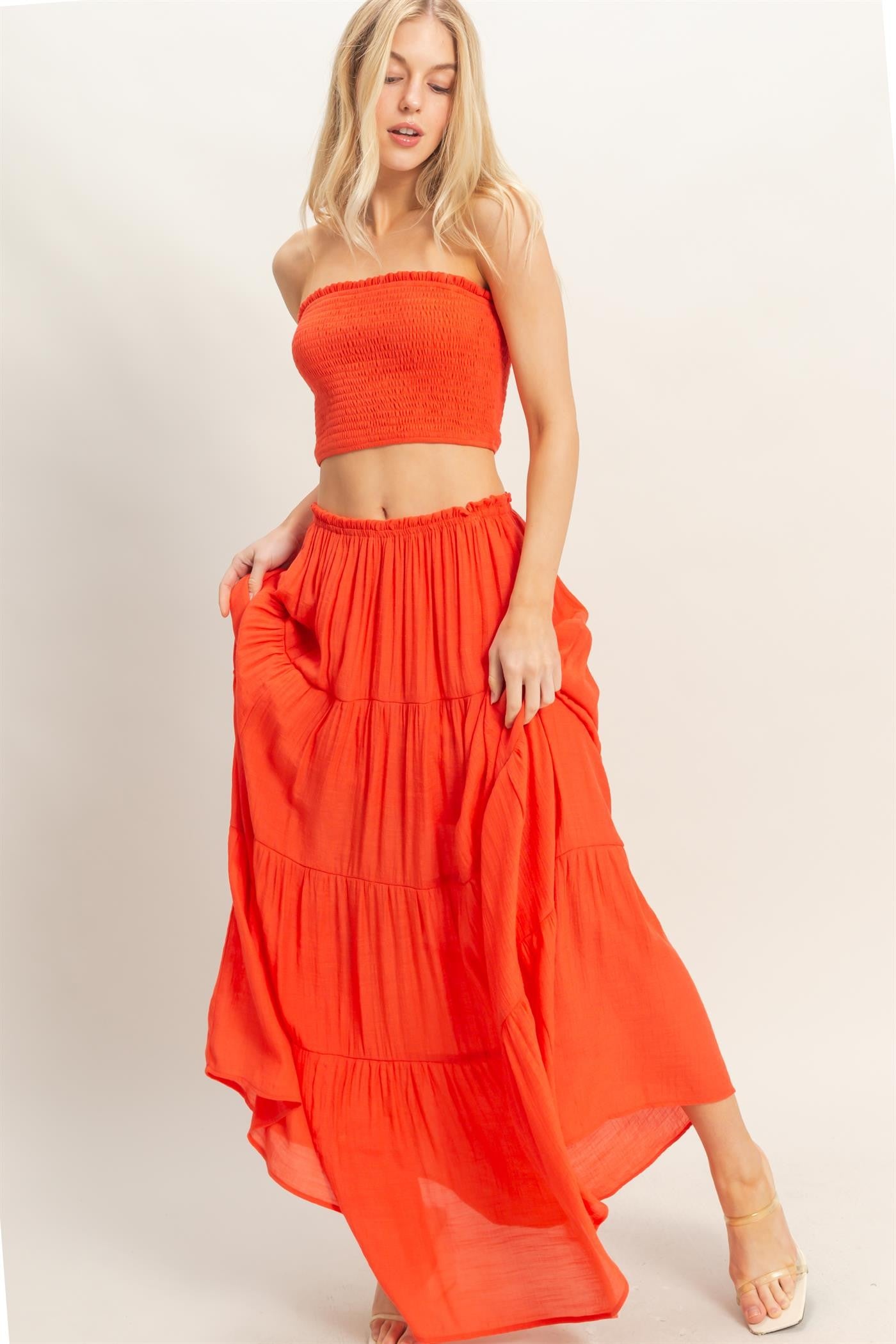 SMOCKED STRAPLESS TOP AND SKIRT SET | NEW COLOR