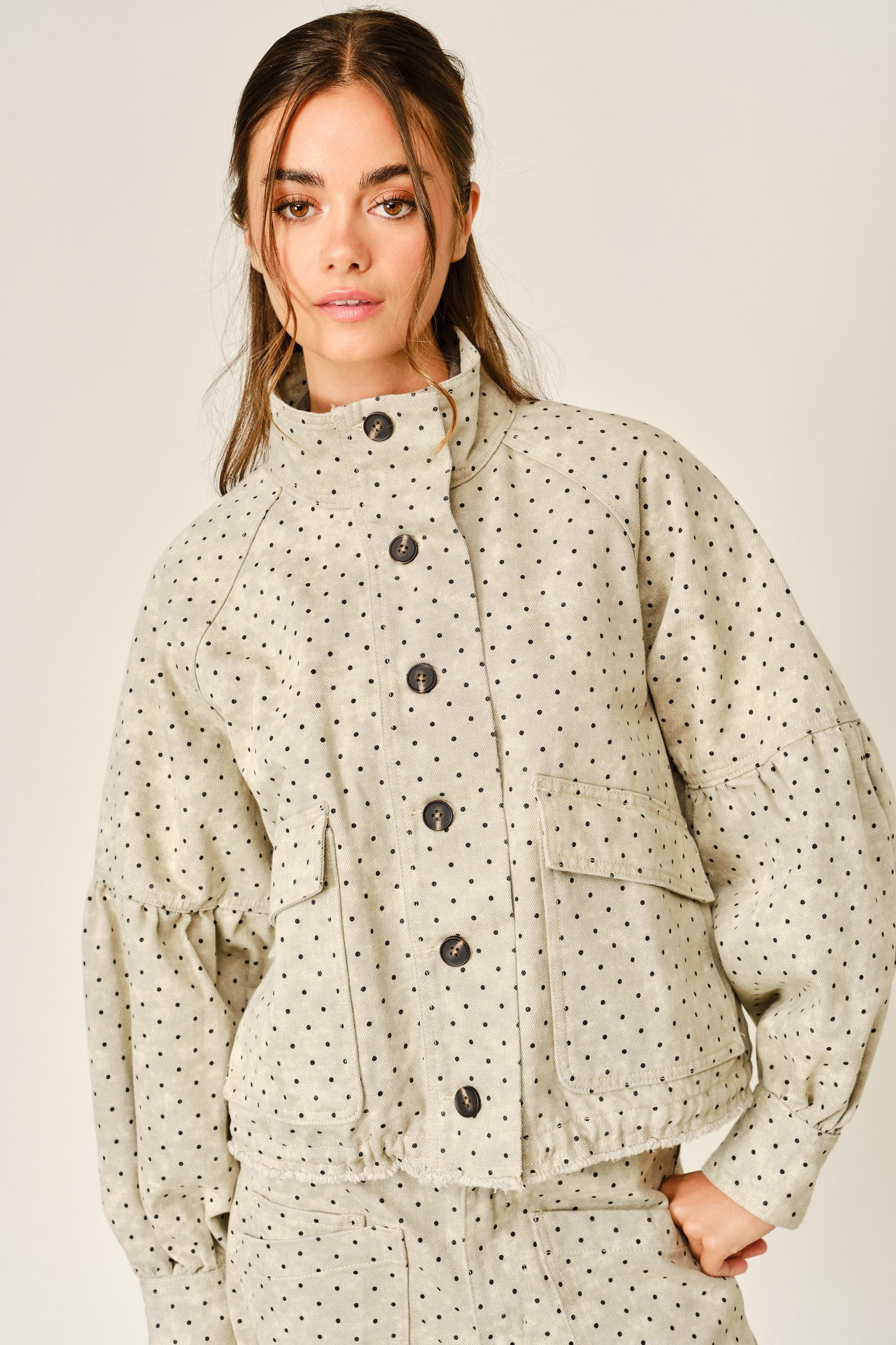 POLKA DOT BALLON SLEEVE TWILL JACKET