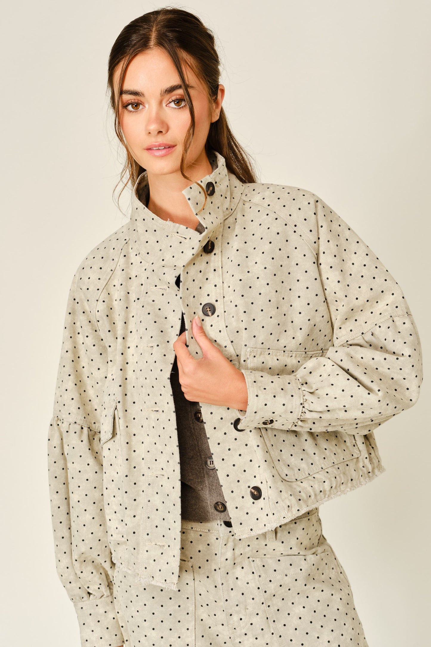 POLKA DOT BALLON SLEEVE TWILL JACKET