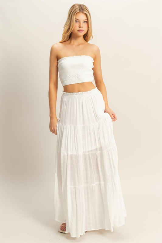 SMOCKED STRAPLESS TOP AND SKIRT SET | RESTOCKED