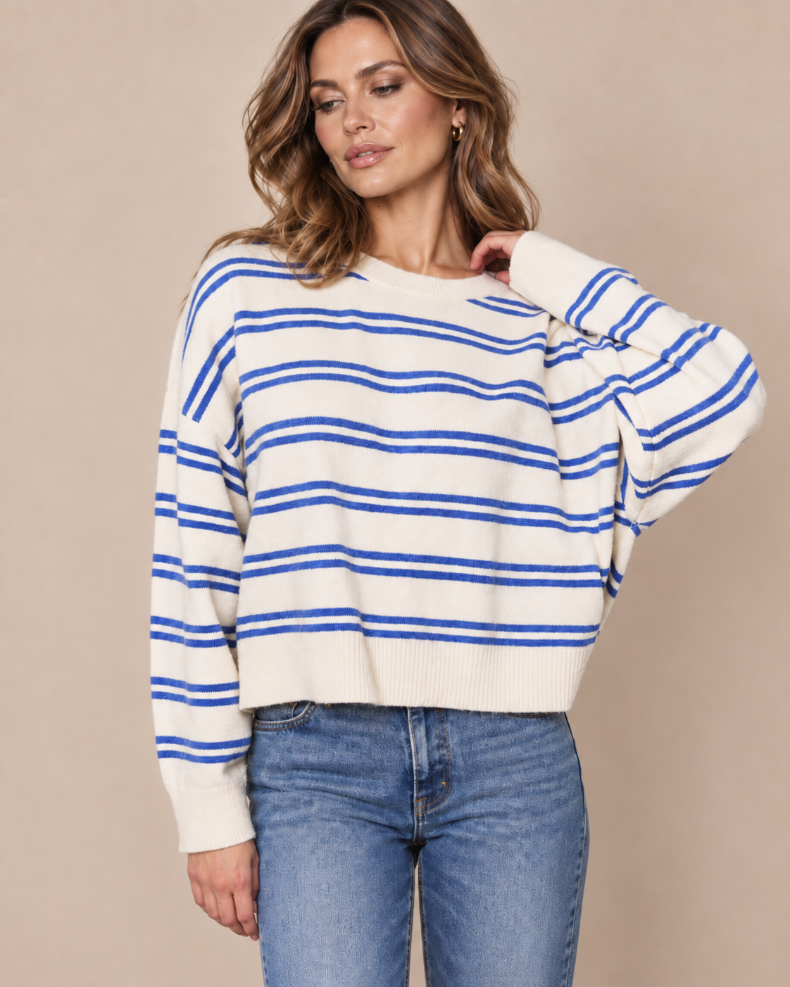 STRIPED CREW NECK DROP SHOULDER KNIT SWEATER