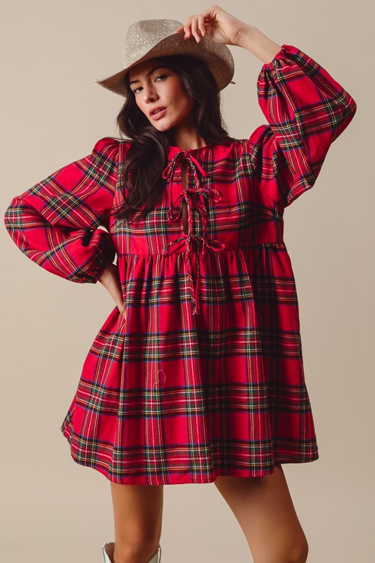 CHECKERED PLAID FRONT TIE ROUND NECK MINI DRESS