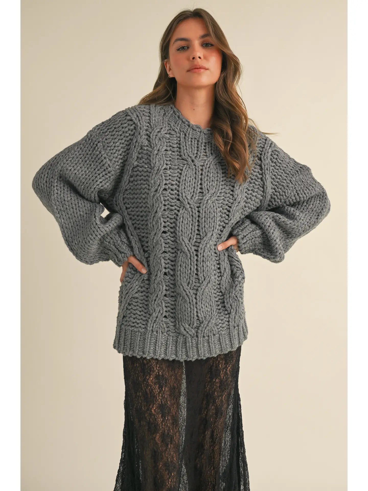 CHUNKY CABLE KNIT OVERSIZED SWEATER TOP