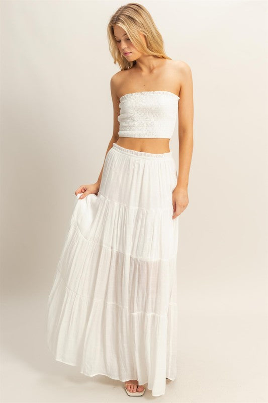SMOCKED STRAPLESS TOP AND SKIRT SET