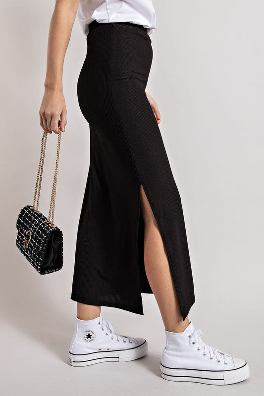 RIBBED KNIT MIDI SKIRT WITH SLIT