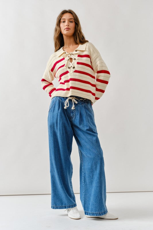 THE LACE UP STRIPE SWEATER