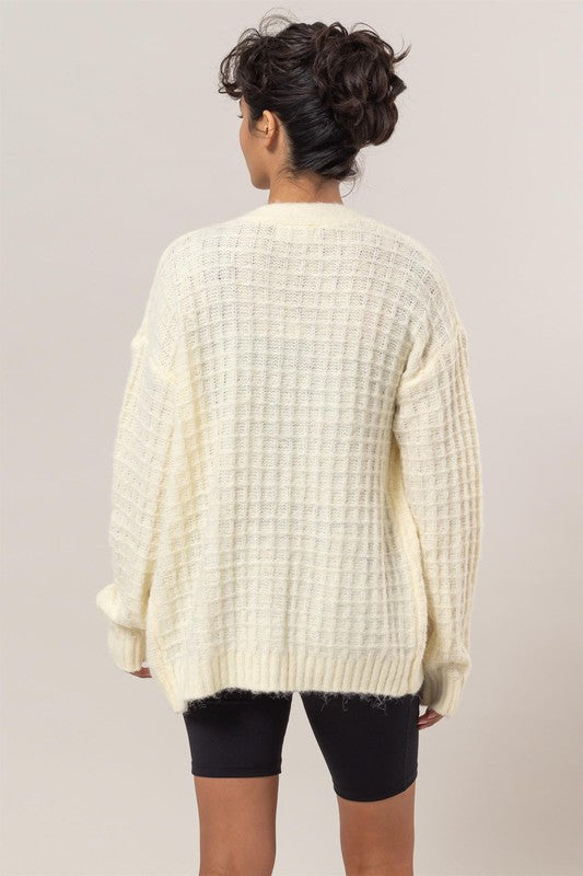 WAFFLE KNIT CARDIGAN SWEATER