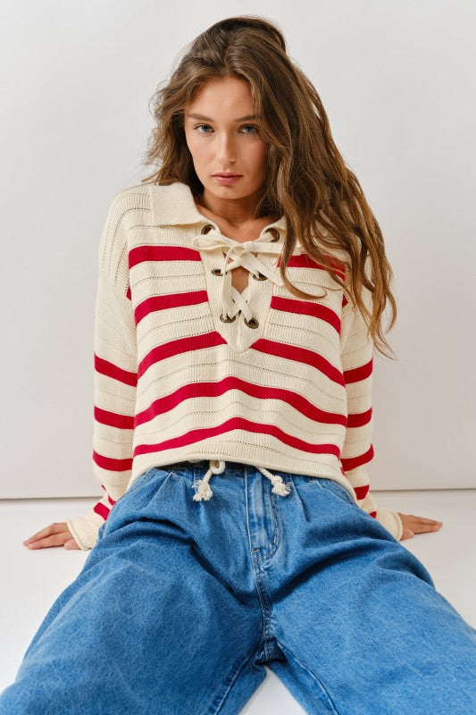 THE LACE UP STRIPE SWEATER