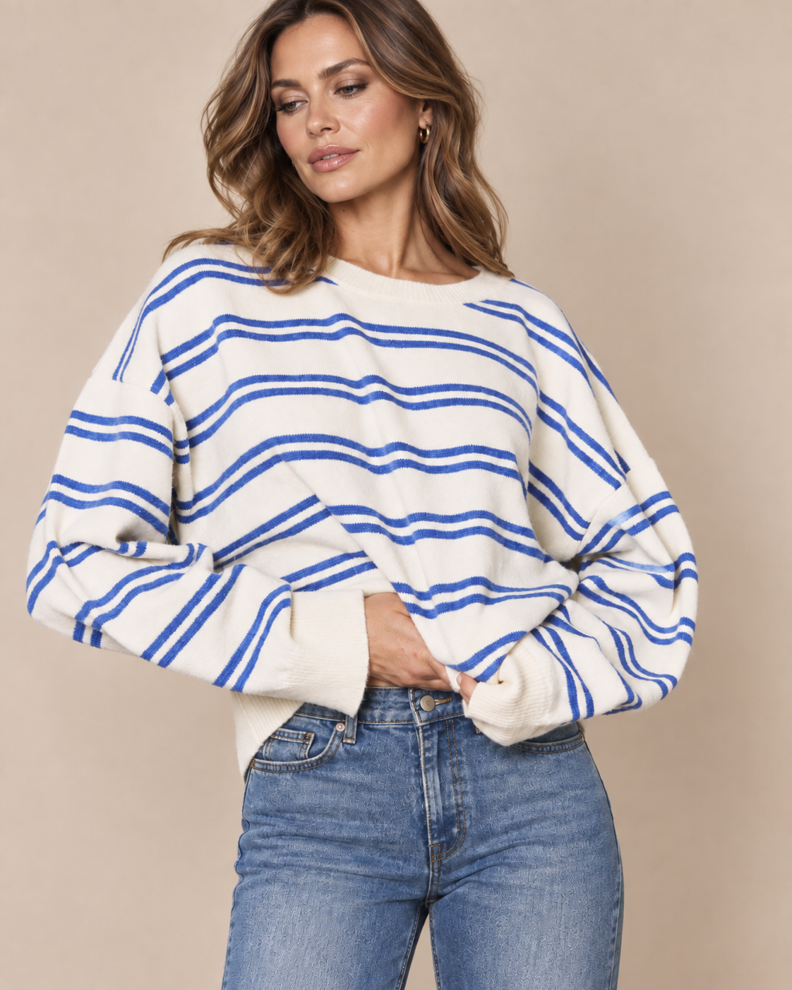 STRIPED CREW NECK DROP SHOULDER KNIT SWEATER