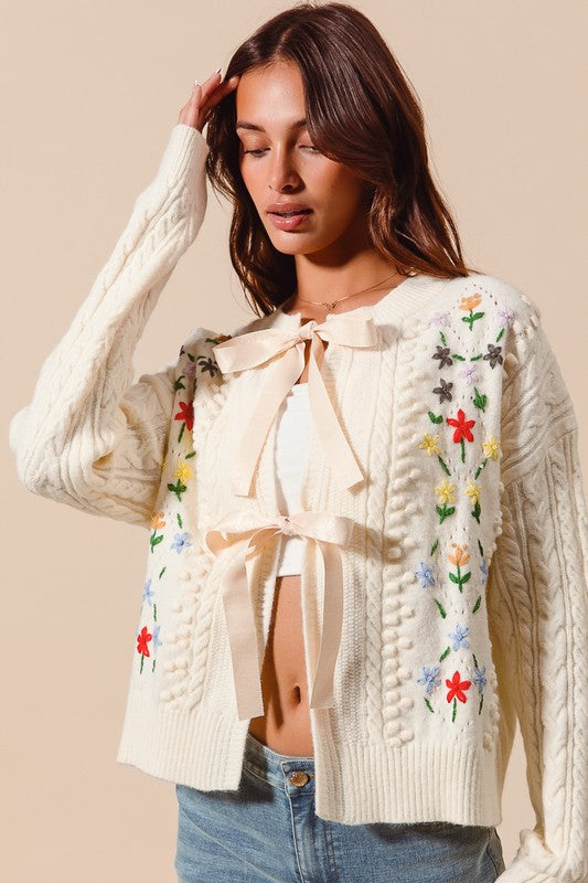 FLORAL EMBROIDERED CABLE KNIT SWEATER CARDIGAN