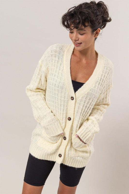 WAFFLE KNIT CARDIGAN SWEATER