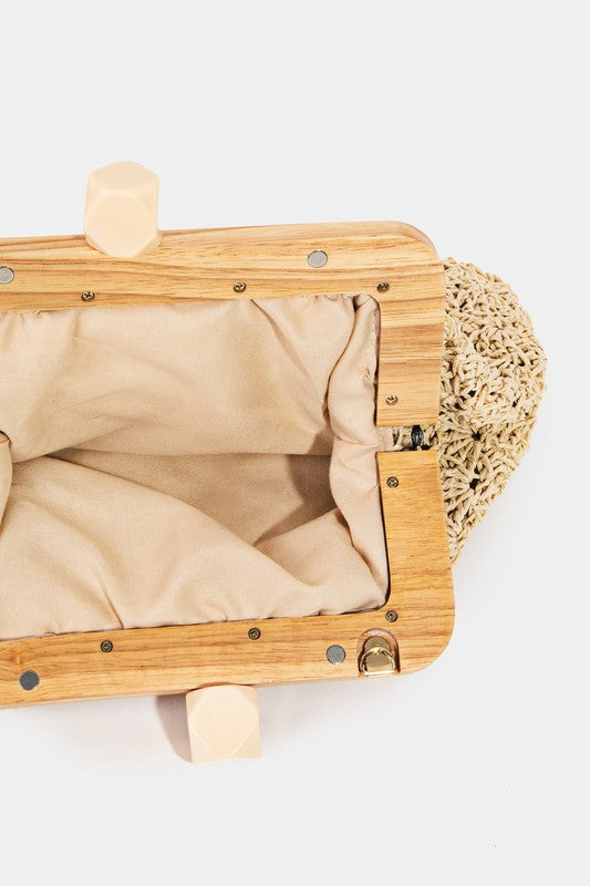STRAW WOODEN FRAMED CLUTCH