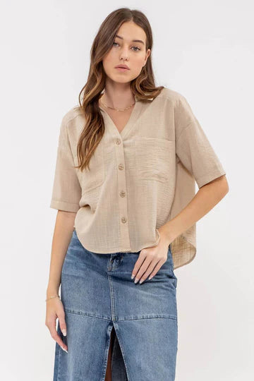GAUZE SHORT SLEEVE BUTTON DOWN SHIRT