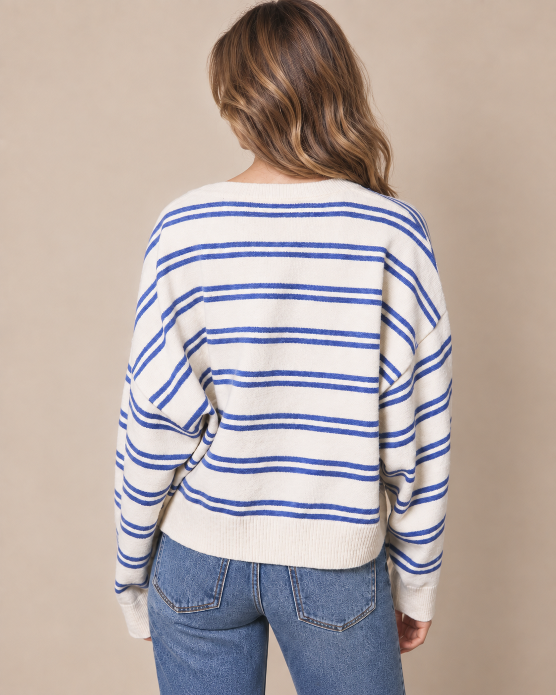 STRIPED CREW NECK DROP SHOULDER KNIT SWEATER