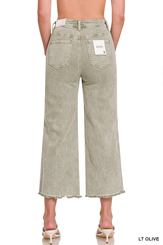 ACID WASHED HIGH WAIST FRAYED HEM STRAIGHT PANTS