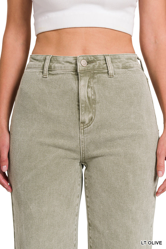 ACID WASHED HIGH WAIST FRAYED HEM STRAIGHT PANTS