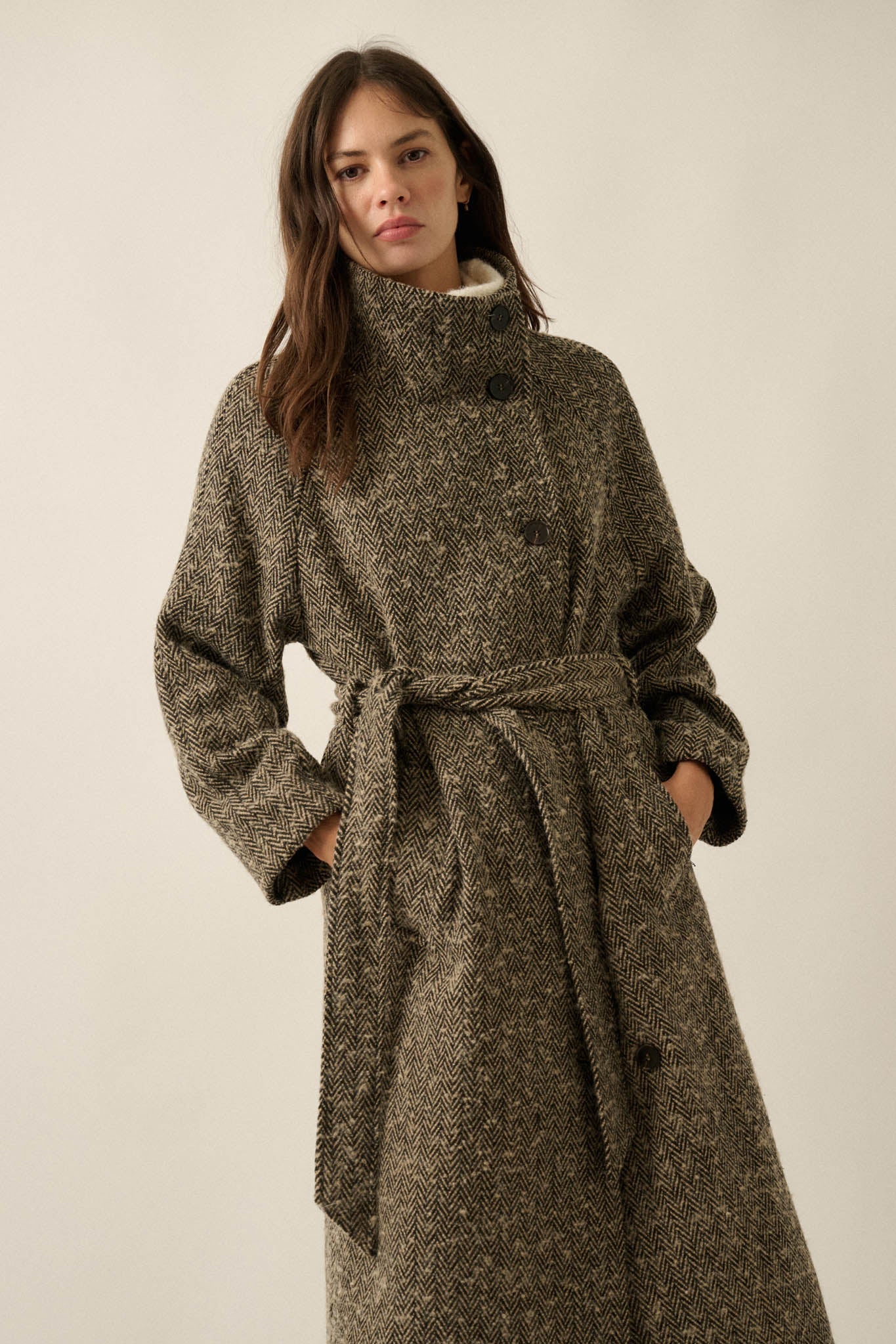 THE ELOISE HERRINGBONE TWEED BELTED OVERCOAT