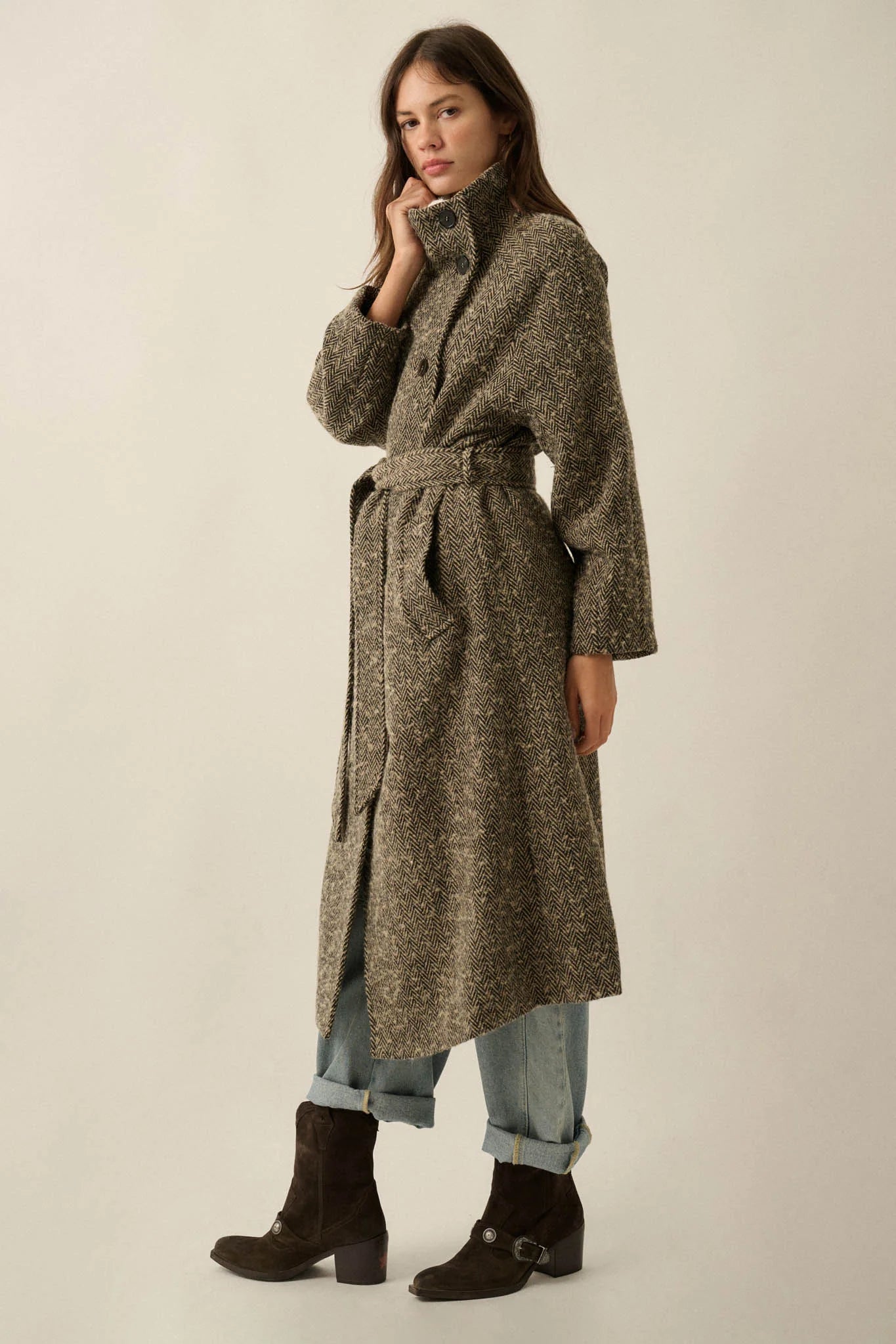 THE ELOISE HERRINGBONE TWEED BELTED OVERCOAT