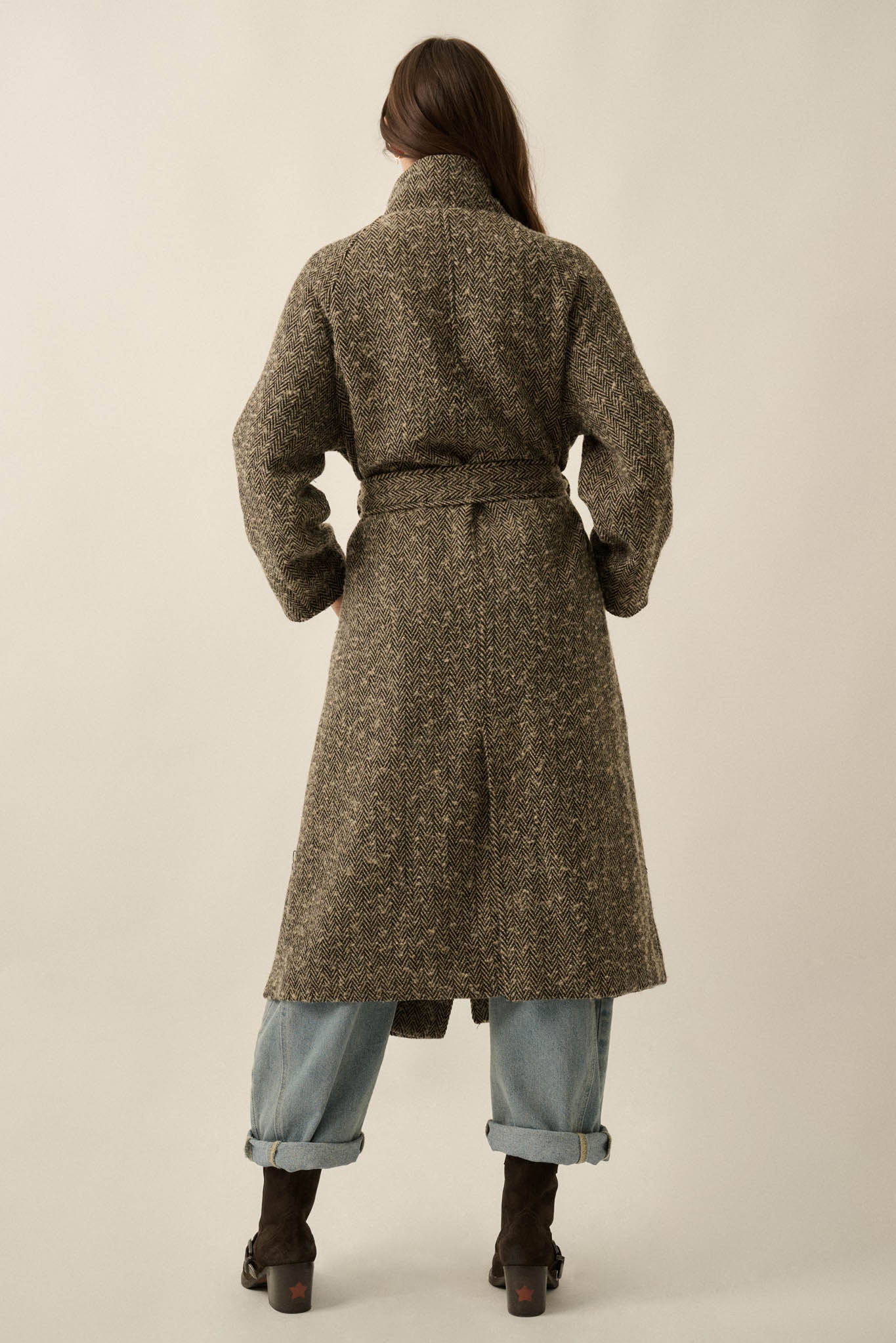 THE ELOISE HERRINGBONE TWEED BELTED OVERCOAT