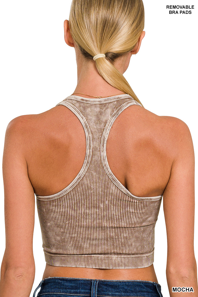 ZENANA WASHED RIBBED SEAMLESS CROPPED TANK TOP W BRA PADS