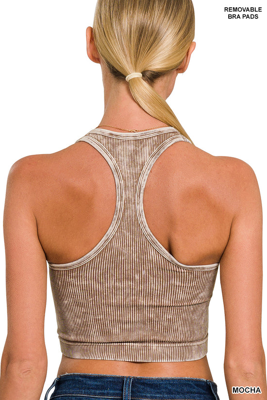 WASHED RIBBED SEAMLESS CROPPED TANK TOP WITH BRA PADS - MOCHA