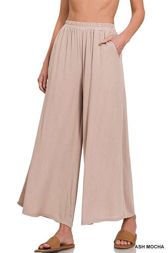 WOVEN CRINKLE WIDE PANTS WITH POCKETS