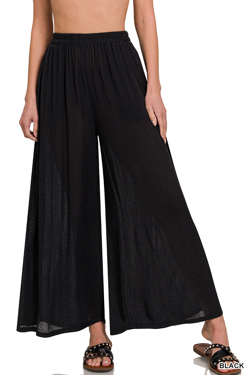 ELASTIC WAIST POCKET PLEATED WIDE LEG PANTS