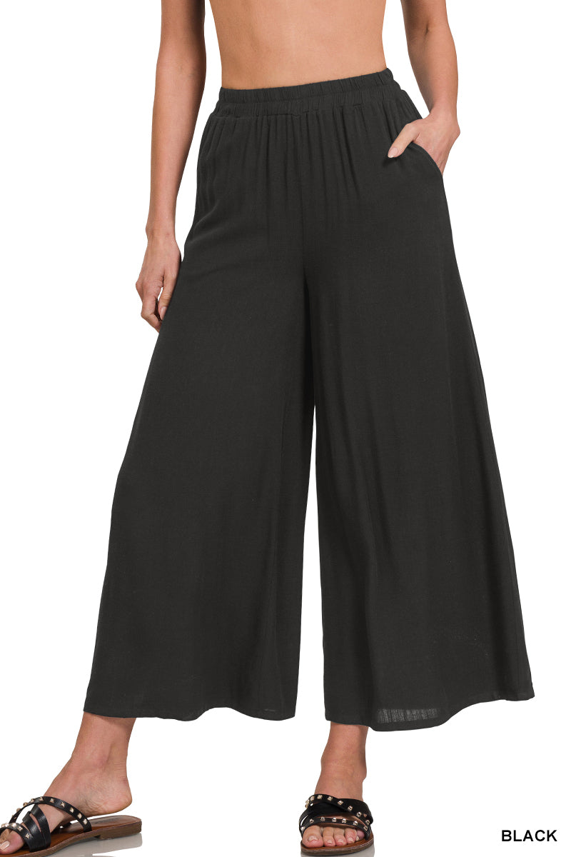 ELASTIC WAIST POCKET PLEATED WIDE LEG PANTS