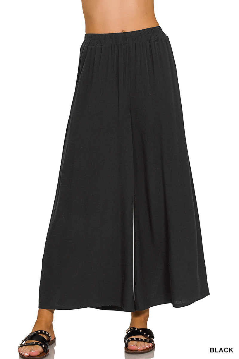 ELASTIC WAIST POCKET PLEATED WIDE LEG PANTS