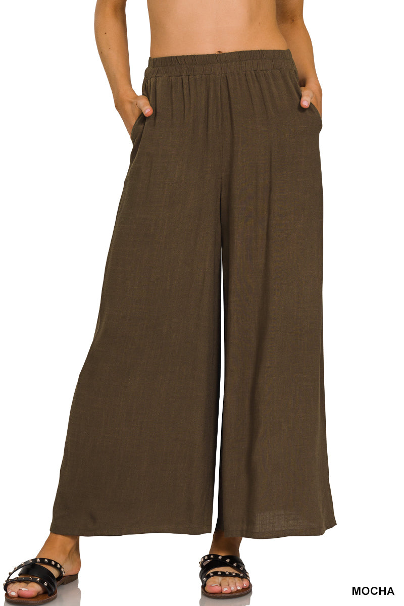 ELASTIC WAIST POCKET PLEATED WIDE LEG PANTS