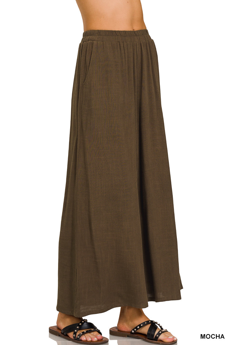 ELASTIC WAIST POCKET PLEATED WIDE LEG PANTS