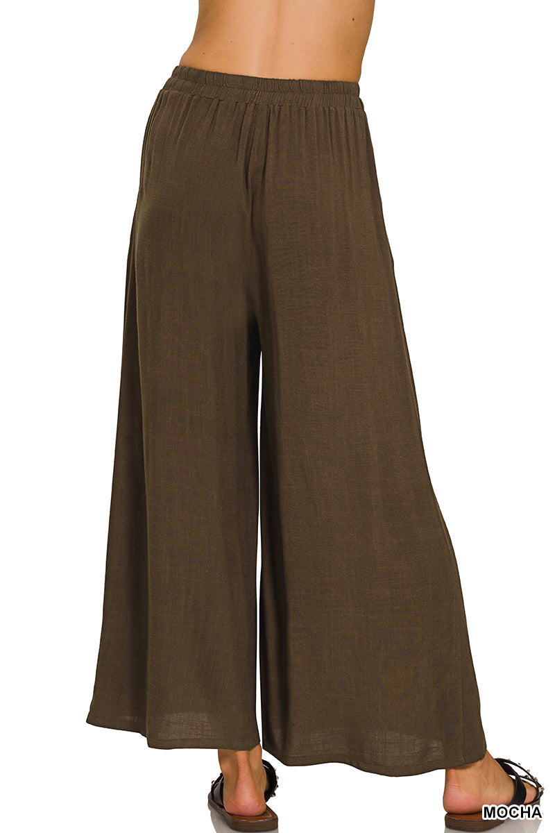 ELASTIC WAIST POCKET PLEATED WIDE LEG PANTS