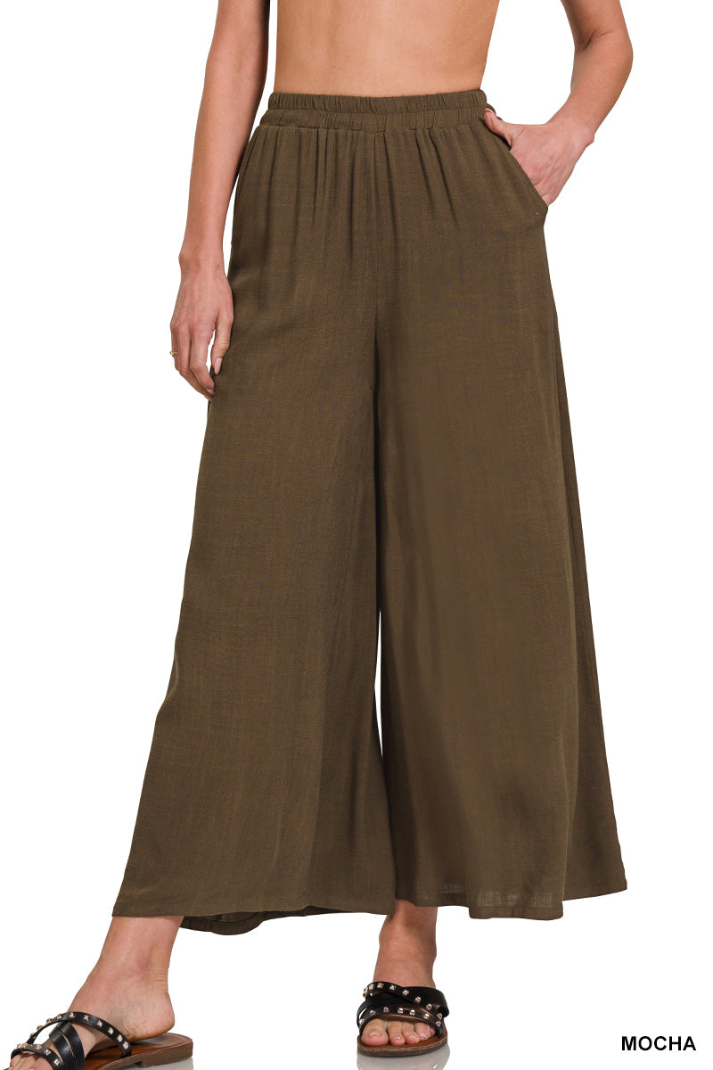 ELASTIC WAIST POCKET PLEATED WIDE LEG PANTS