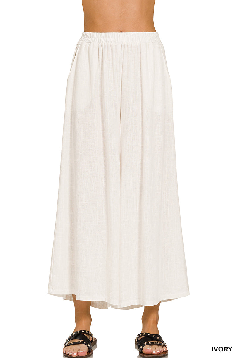 WOVEN PLEATED LINEN WIDE LEG PANTS | RESTOCKED