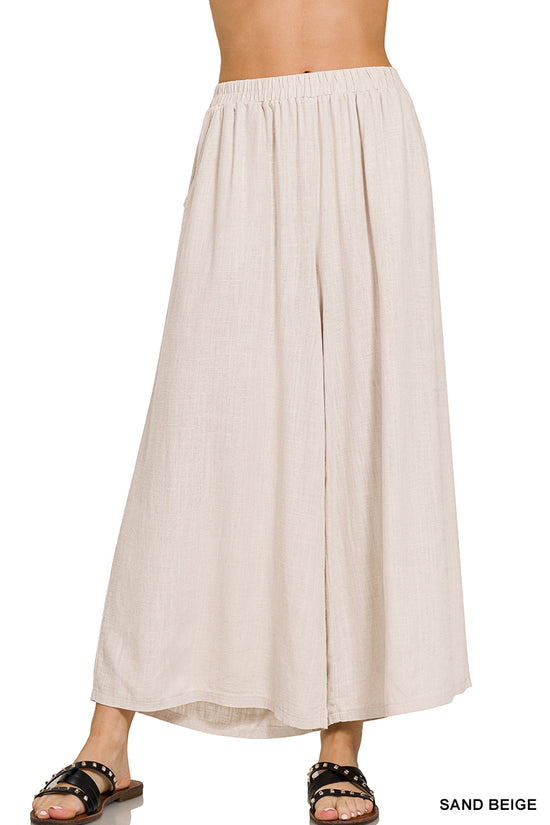 WOVEN PLEATED LINEN WIDE LEG PANTS