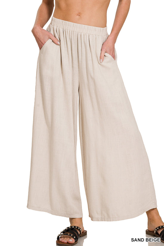 WOVEN PLEATED LINEN WIDE LEG PANTS