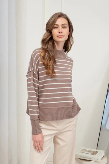 STRIPE MOCK NECK SIDE SPLIT KNIT PULLOVER SWEATER